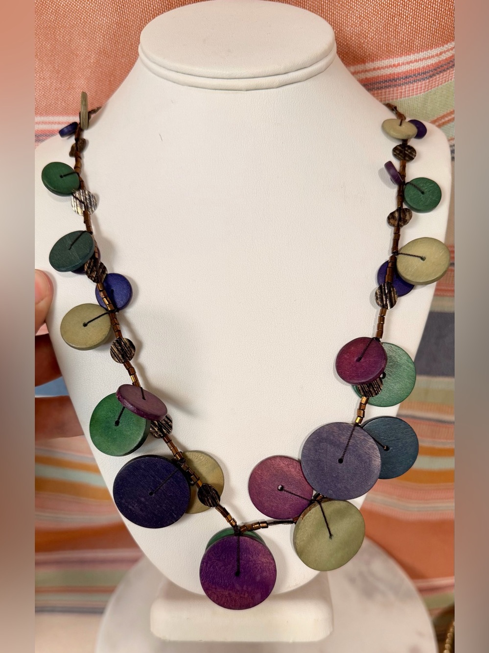 Multicolor Wooden Disc Beaded Necklace -22”